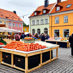 **Prompt:** A bustling Swedish town square with a vibrant local market. Farmers are selling fresh produce, artisans are displaying handcrafted goods, and families are enjoying traditional Swedish treats. The atmosphere is lively and festive, showcasing the importance of supporting local businesses for a thriving community. Capture the essence of "mys" (coziness) and community spirit.