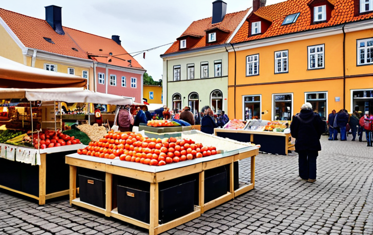 **Prompt:** A bustling Swedish town square with a vibrant local market. Farmers are selling fresh produce, artisans are displaying handcrafted goods, and families are enjoying traditional Swedish treats. The atmosphere is lively and festive, showcasing the importance of supporting local businesses for a thriving community. Capture the essence of "mys" (coziness) and community spirit.